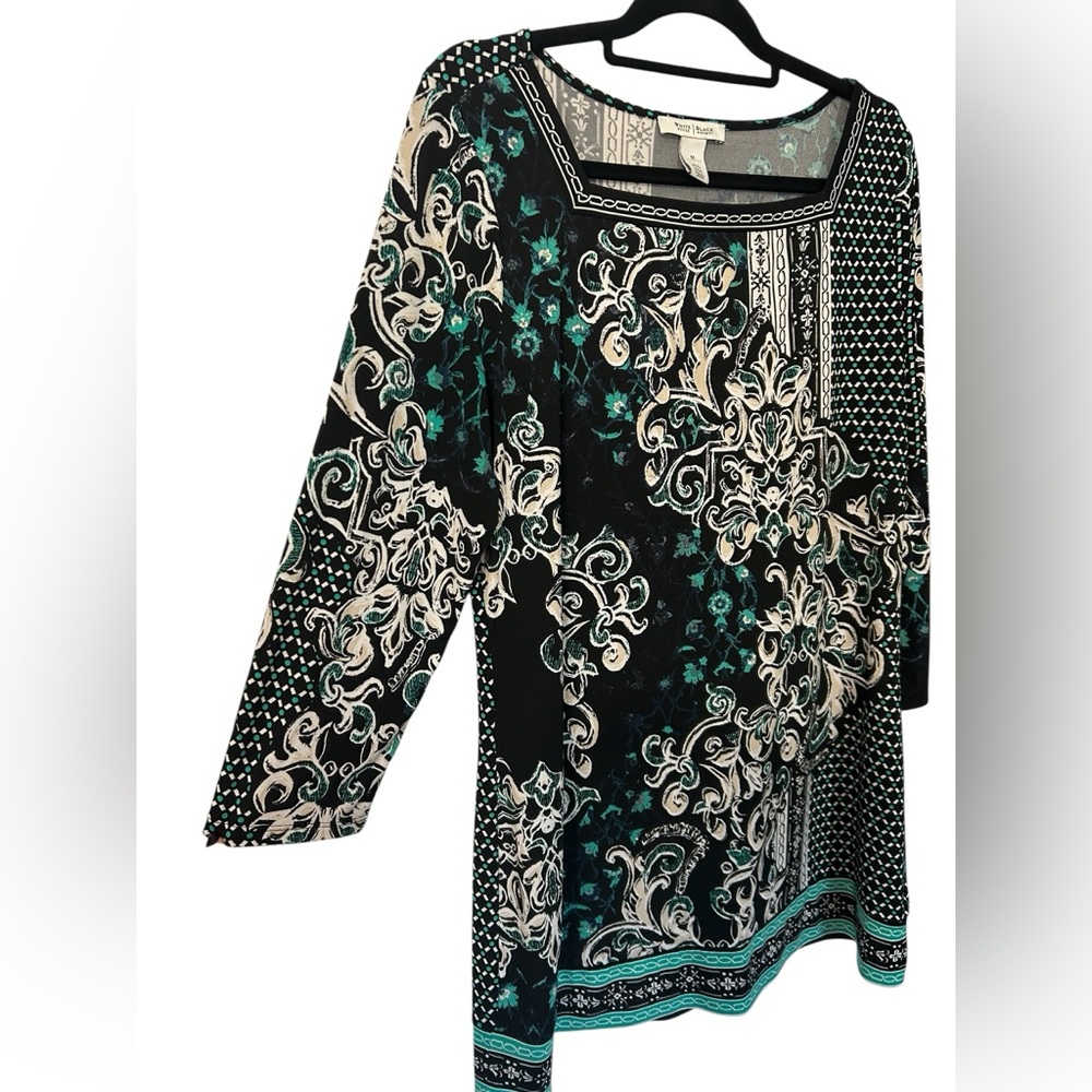White House Black Market Black Teal Baroque Print Blouse Square Neck 3/4 Sleeve - Picture 3 of 4
